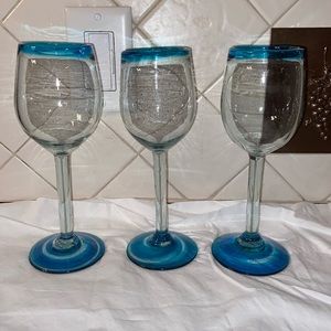 Set of 3 Blown Glass wine goblet glass  blue rim Stemware
